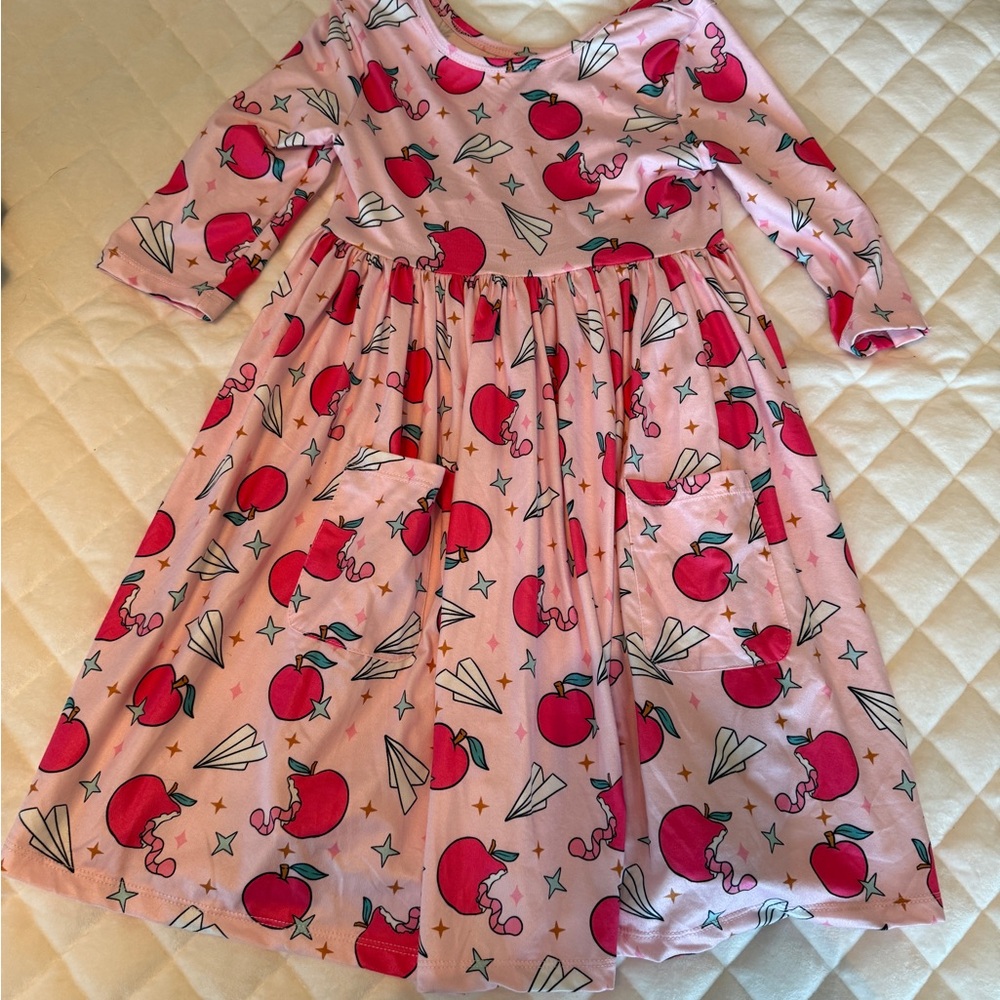Charming Pink Kids Dress with Fun Apple Print